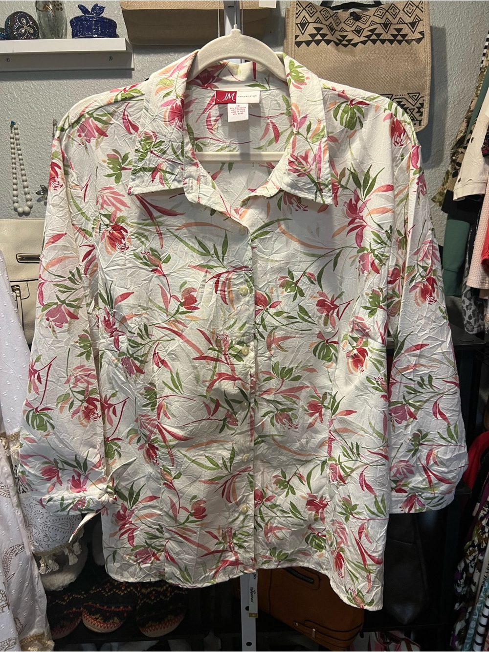JM Collection White Blouse with Pink Floral & Green Leaf Print
